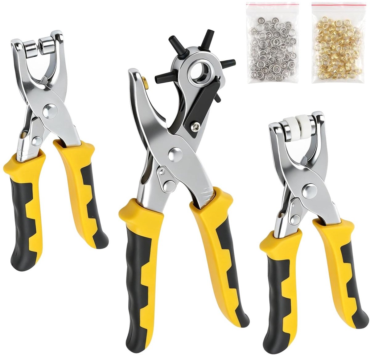 oogtang, drukknoptangset, 6 gatmaten van 2-4,5 mm, gattang voor leer, inclusief 100-4 mm ogen + 25 paar drukknopen, riemgatentang voor leer, textiel, dik karton