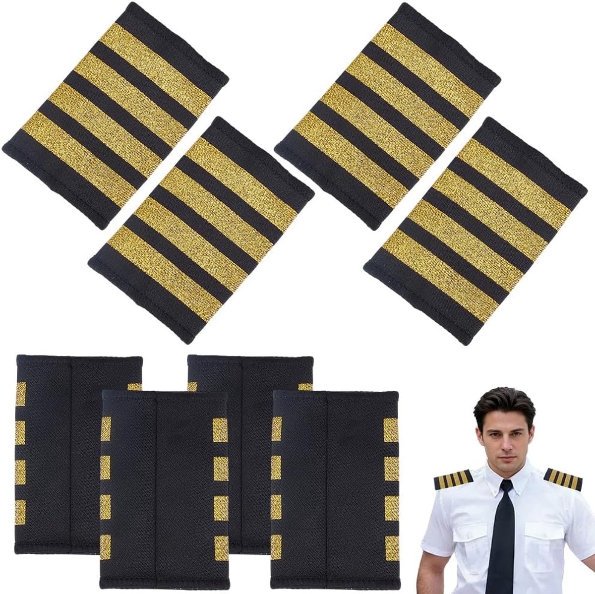 4 paar professionele stangen voor uniformen van luchtvaartmaatschappijen, schouderkleppen met 4 gouden stangen, schouderkussens voor kapiteins-uniformen, schuifregelaar