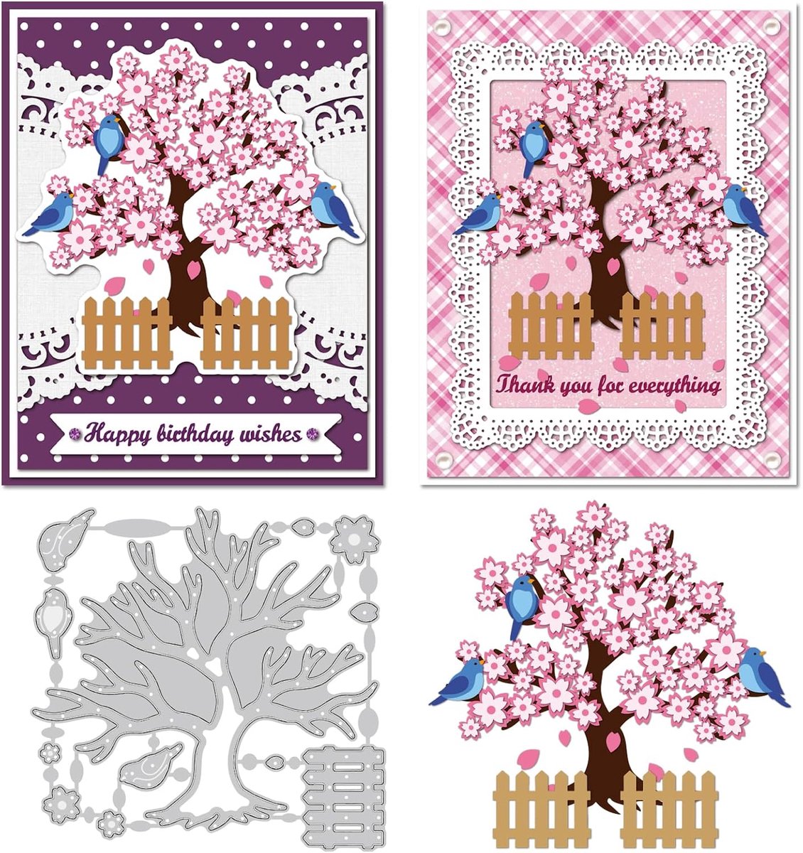 12 stuks kersenbloesem snijmatrijzen 10,4 x 10,9 cm metalen stansen voor het maken van kaarten maken van bomen, vogels, bloemblaadjes, hek, doe-het-zelf plakboeken, papier, knutselen, album