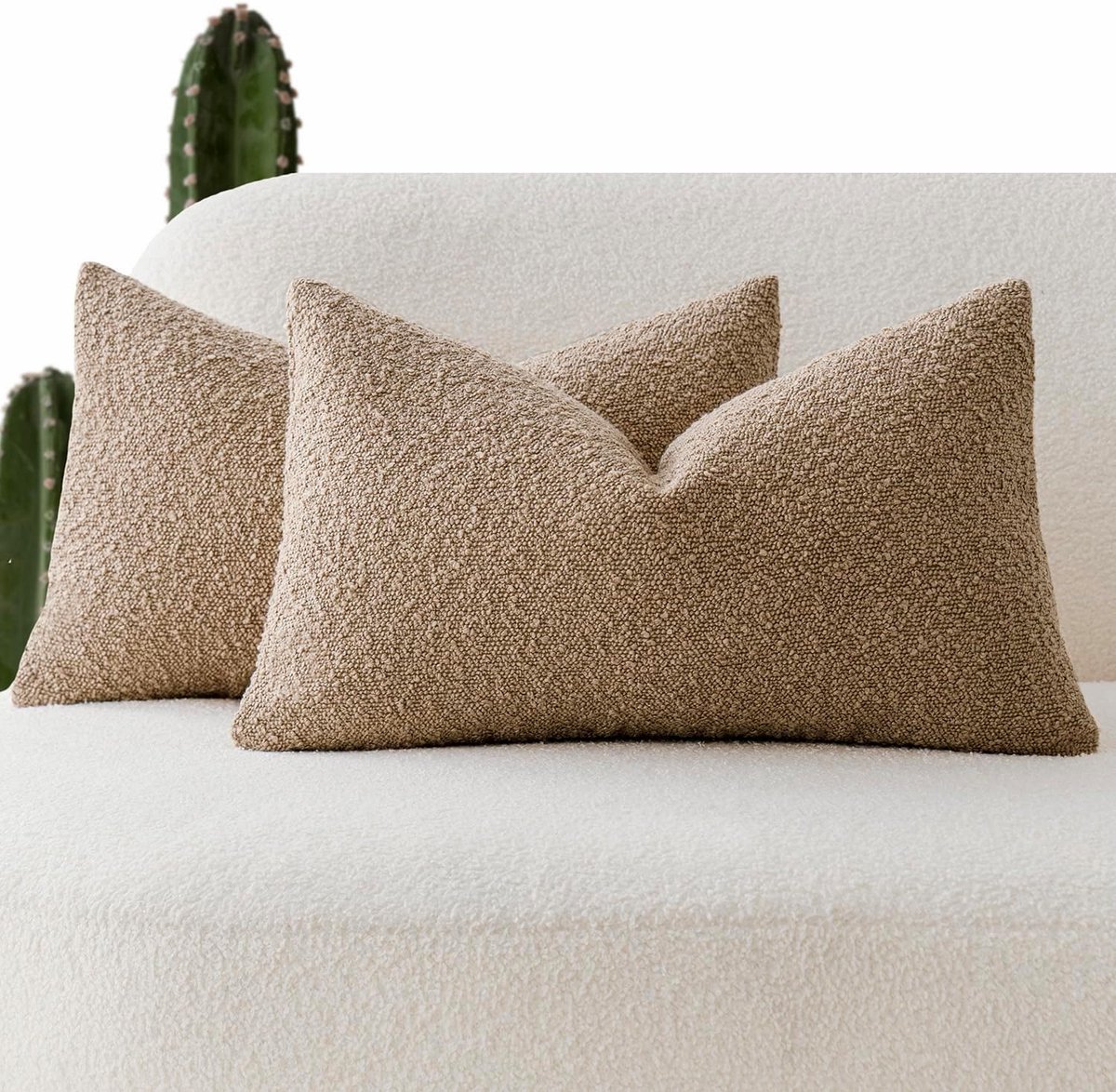 SnelShoppen - Set van 2 gezellige boucle sierkussenslopen 30 x 50 cm voor bank of fauteuil, camel kleur, perfect voor woonkamer, slaapkamer, trendy in