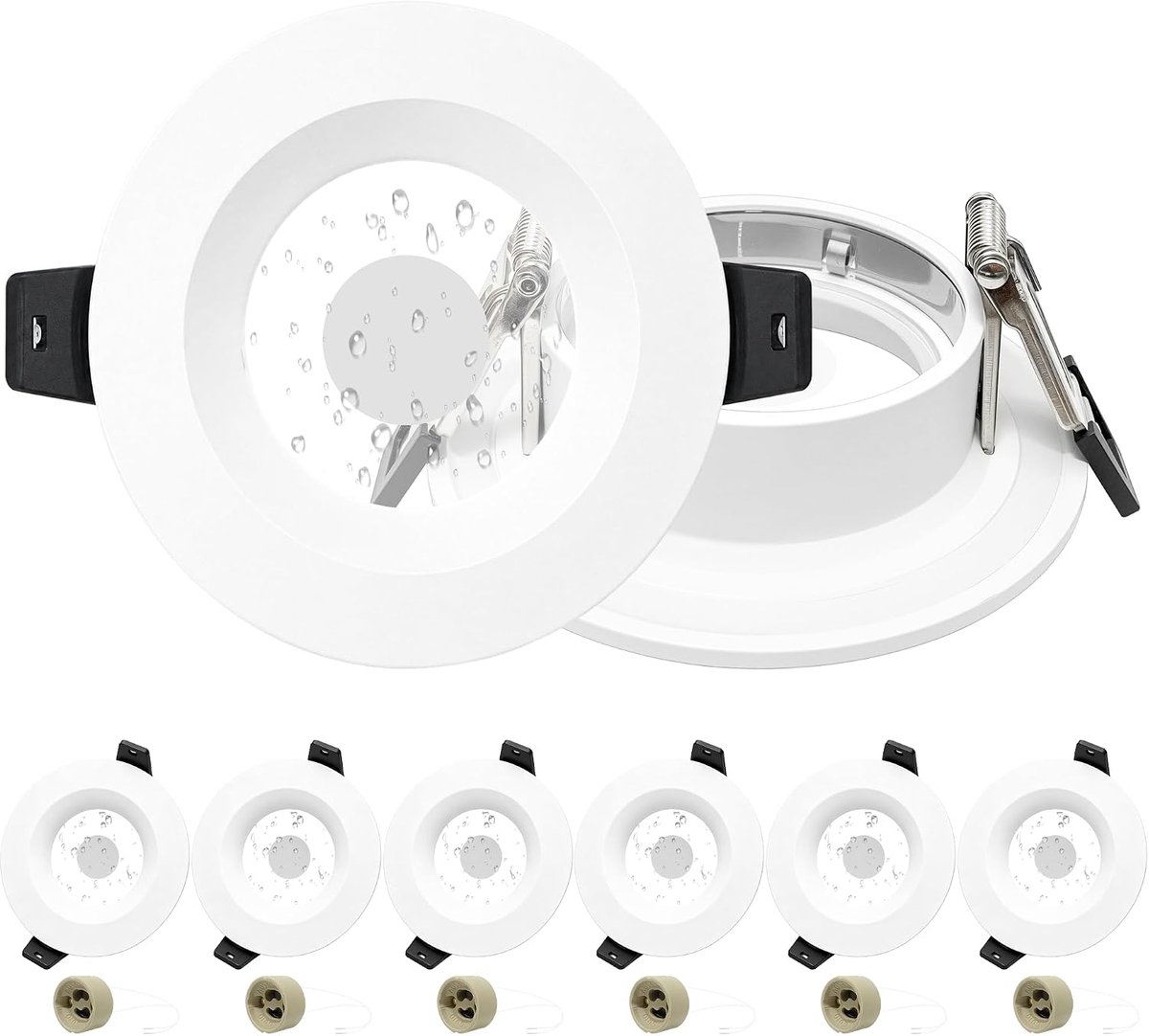 6 x Inbouwspots GU10 Set, IP65 Waterdicht Aluminium LED Inbouwframe met GU10 Fitting, Niet-Verblindend Inbouwspot Frame Gatmaat Ø65-75mm, Wit Rond Plafondspot Frame voor Buiten