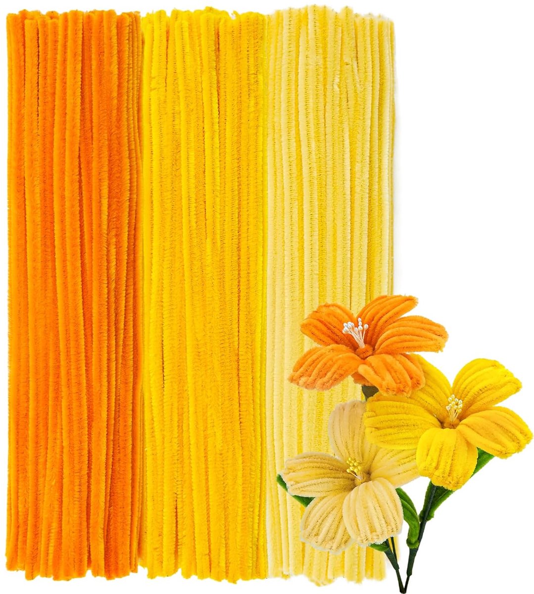 300 Stuks Reel Chenilledraad 30 cm Lang en 8 mm Dik, Kleurrijke Pijpenragers Set voor Knutselen, 3 Kleuren voor DIY Bloemen & Feestversieringen (Geel Verloop)