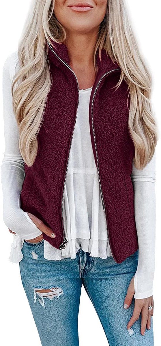 Teddyfleece gilet voor dames, effen bodywarmer, behaaglijke lichte gilets, mouwloos, staande kraag, rits en zakken