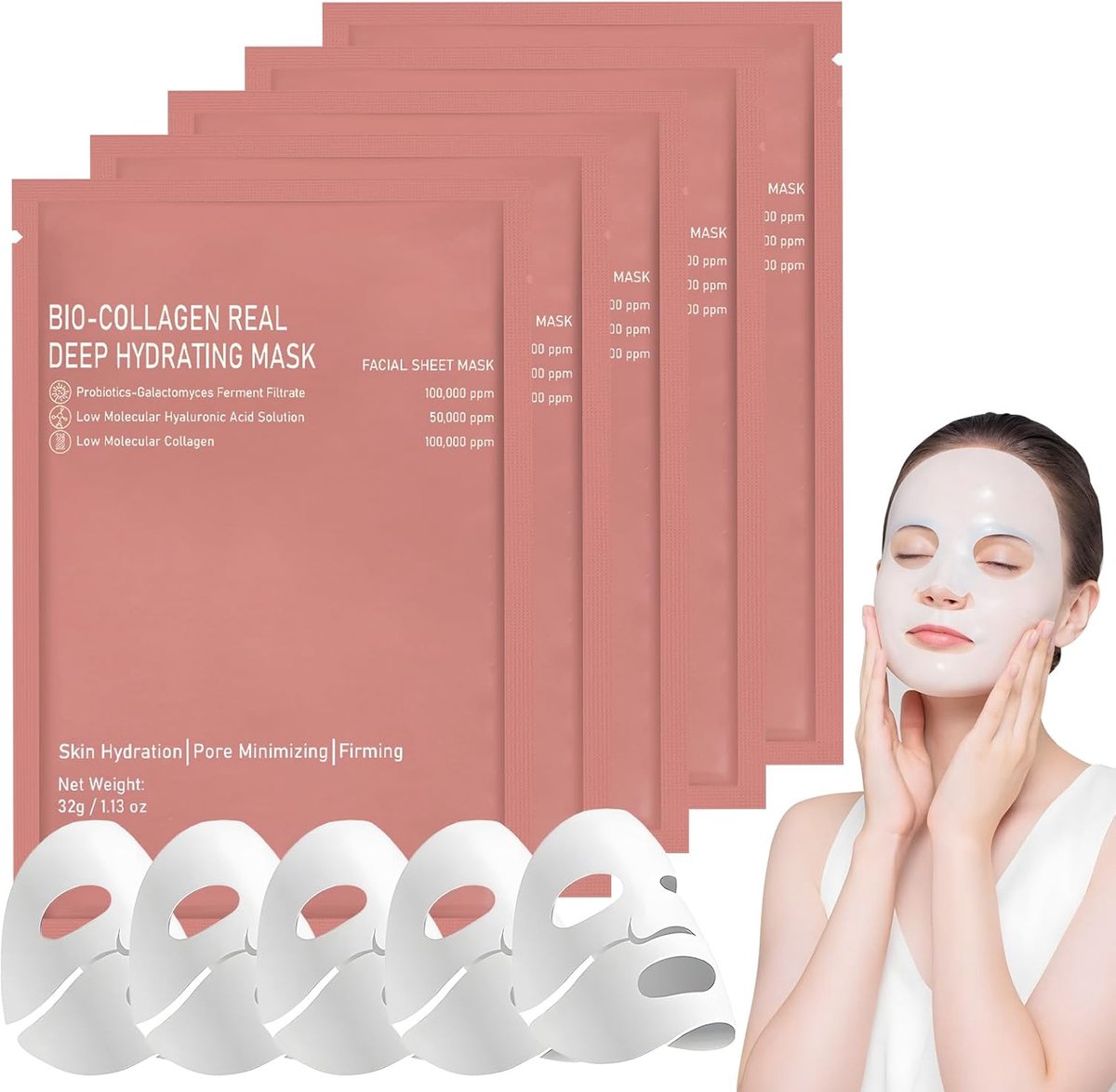 5 stuks Collageen Gezichtsmasker, Bio Collagen Real Deep Mask, Hydraterend Nachtmasker, Anti-Aging Sheet Mask, Verstevigend & Pore Minimaliserend, Geschikt voor Alle Huidtypes (F)