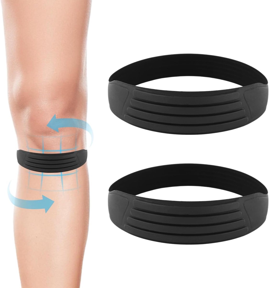 2st Patellapeessteunband, Siliconen Patellaknieband Flexibele Knieband Pijn Verminderen Zachte Kniebrace voor Springers Hardloopsporten Basketbal Heren Dames (Zwart)