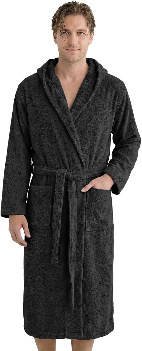 Badjas heren badstof van 100% katoen - Oeko-Tex standaard - zachte ochtendjas kuitlang met capuchon, ceintuur en opgestikte zakken - voor sauna en thuis (M, zwart