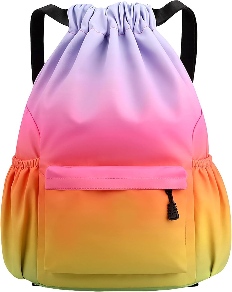 Gymtas met trekkoord, waterdicht, sporttas, grote trekkoordtas met netvakken, water, waterdichte nylon tas voor dames en heren, met trekkoord, kleurrijk kleurverloop