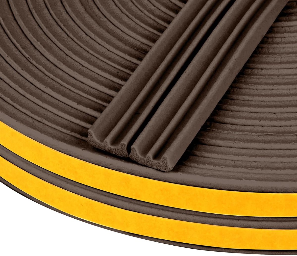 10 m tochtstrip, 9 mm x 4 mm weerstriptape, zelfklevende rubberen E-type schuimafdichtingstape, isolatie geluidsdichte anti-botsingstochtstrip voor deuren en ramen (bruin)