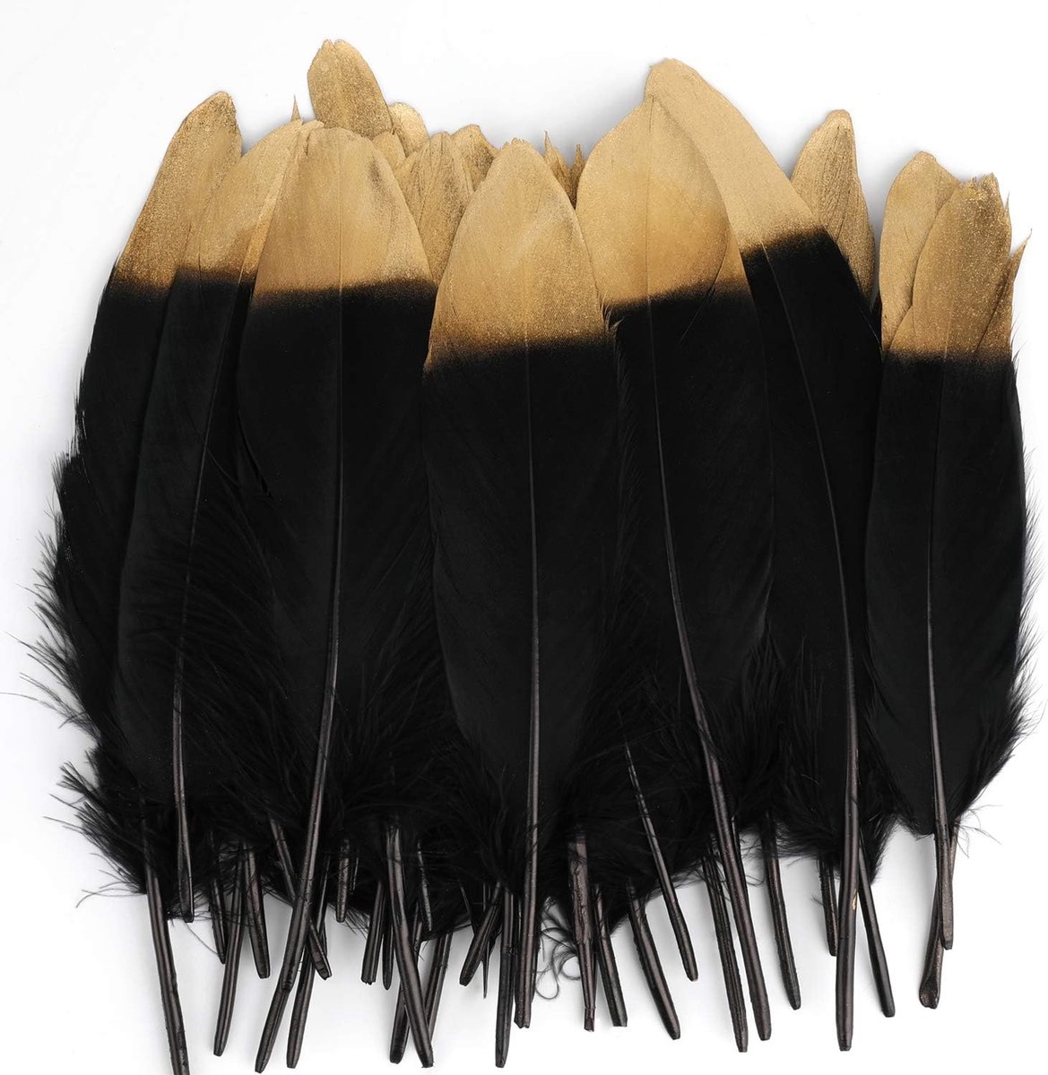 40 stuks goud gedompelde natuurlijke zwarte ganzenveren voor doe-het-zelf kerstdecoratie, handwerk, kleding, podium, eigendom, verjaardag, bruiloft, feest, veer (15-22 cm)