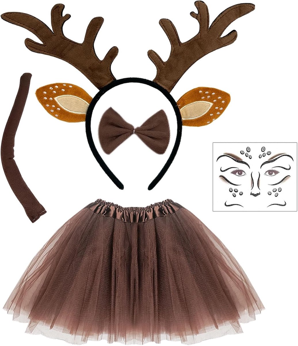 Rendier hoofdband, hertengezicht, tatoeage, gewei, hoofdband, rendierstaart, rendier vlinderdas en tutu-rok, dameskostuum, Halloween, carnaval, Kerstmis, elfenfeest voor kerstcadeaus