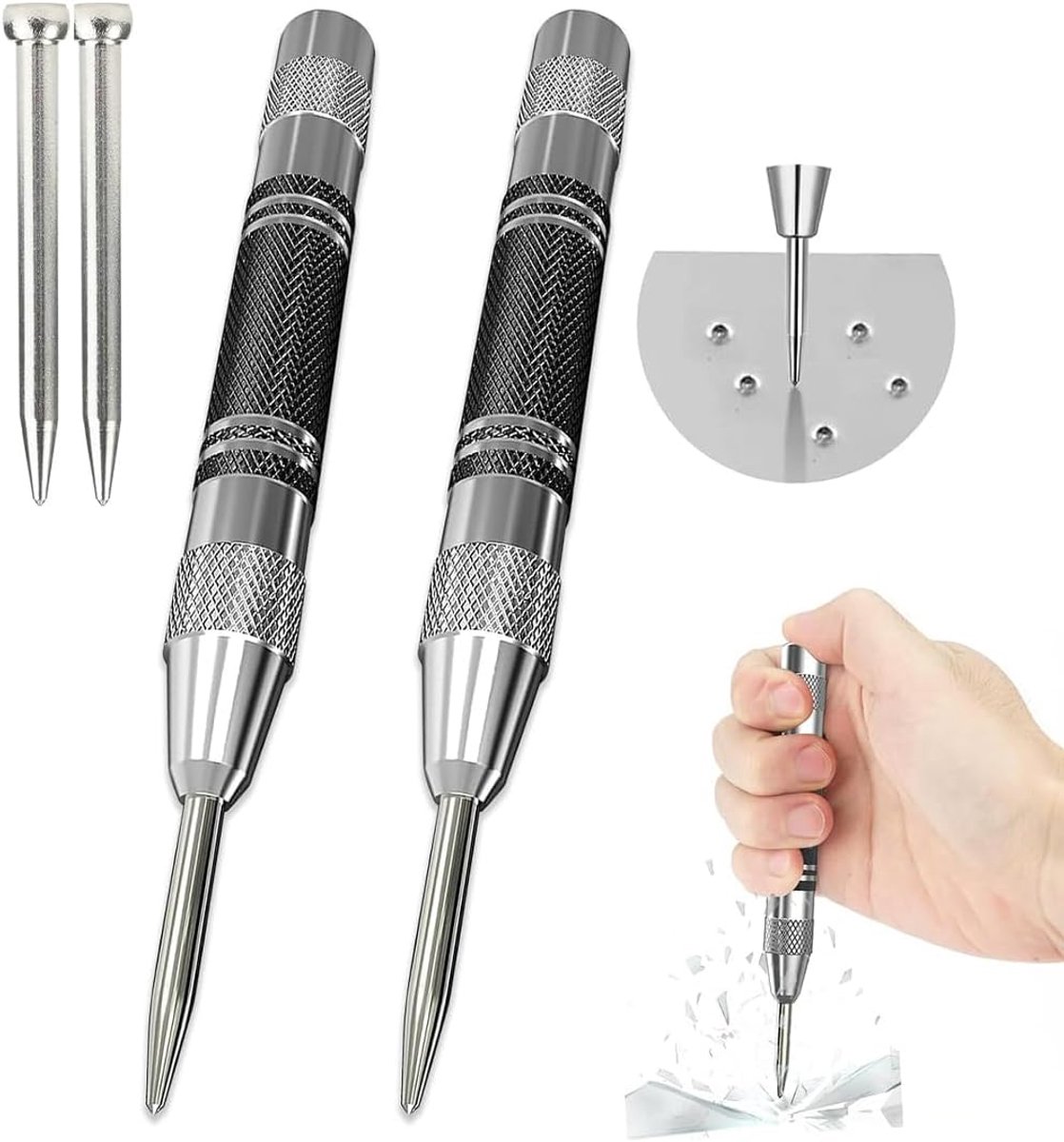 Grain Center Punch, Automatisch gereedschap met 2 vervangende tips voor metaal, hout, glas en staalplaten, 2-delig 130mm x 12mm