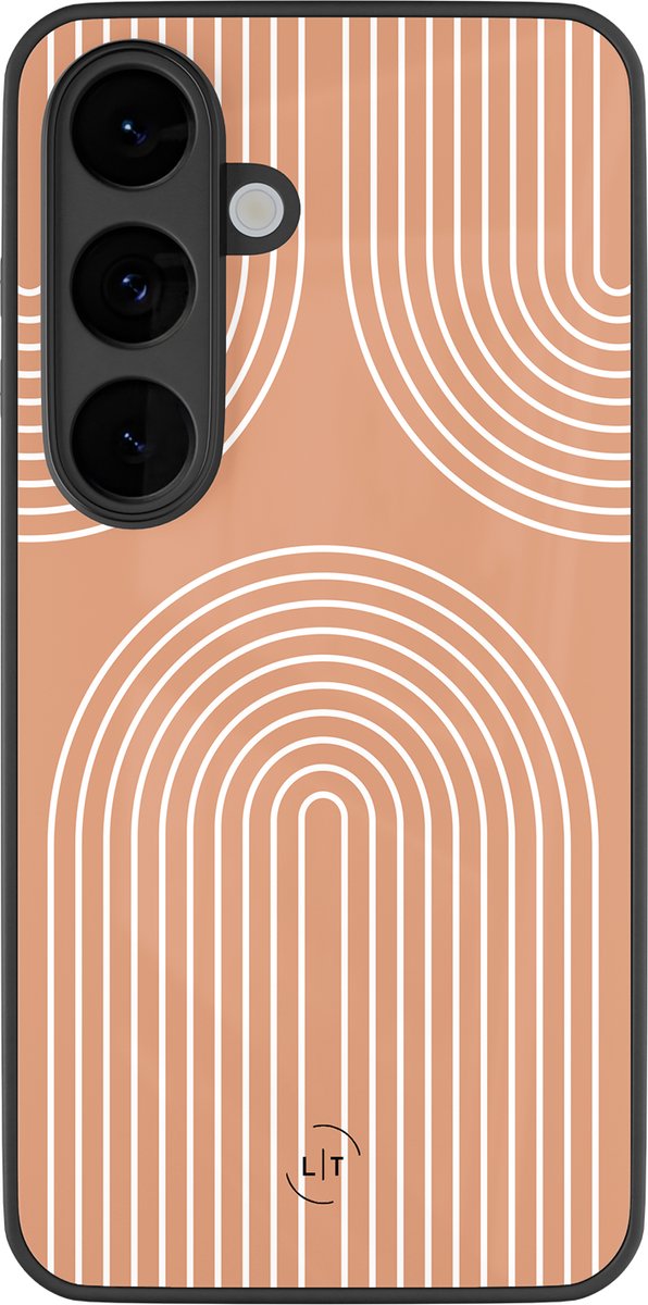 Hoesje geschikt voor Samsung Galaxy S26 - Peach geometry - Luxe Glazen Hardcase - Print / Illustratie - Oranje