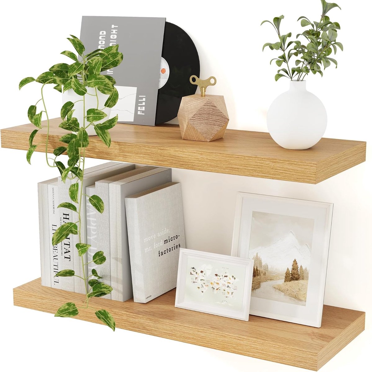 Zwevende planken, 23,5 cm diepe rustieke zwevende planken voor muur, set van 2, 23,5 cm grote eiken houten hangplank voor badkamer boeken woonkamer wasruimte slaapkamer keuken thuiskantoor opslag