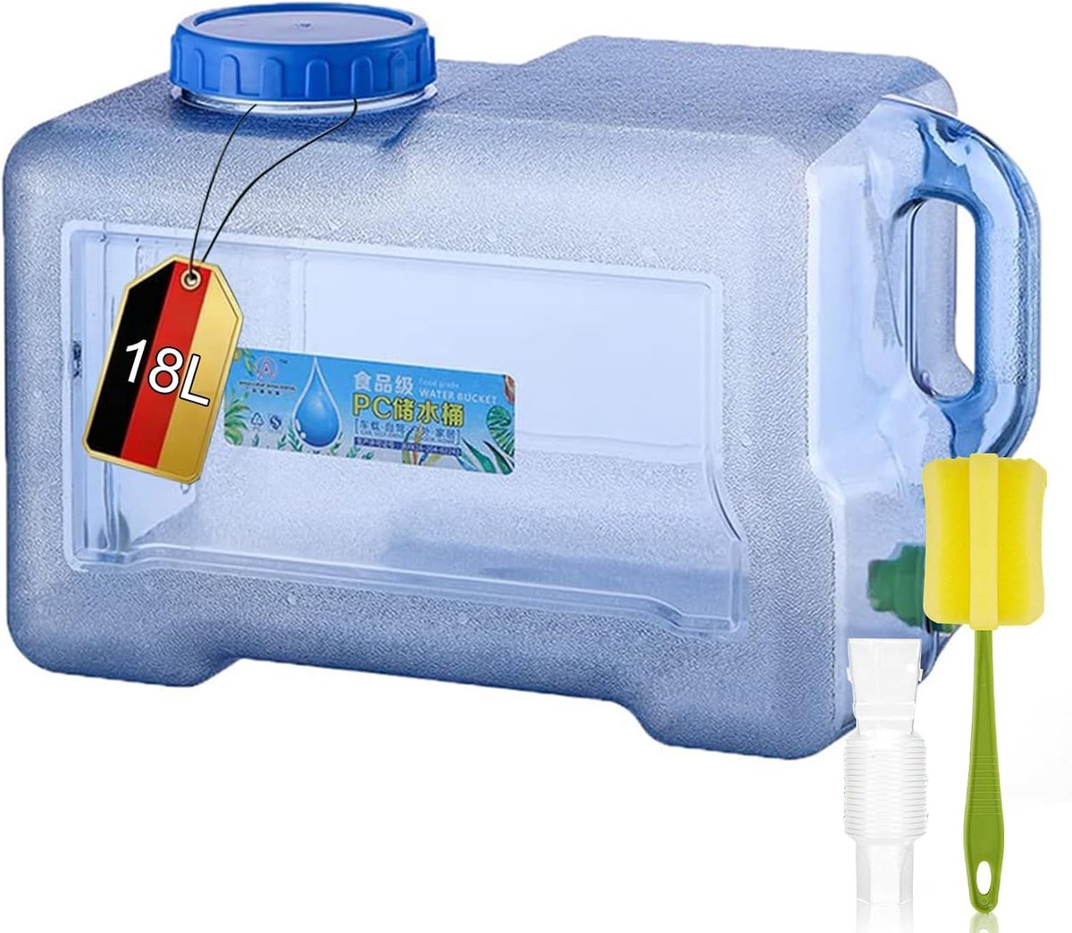 Waterjerrycan met kraan en schroefdeksel, camping-jerrycan, BPA-vrij, draagbaar waterreservoir met handvat voor caravans, picknick, wandelen, 18 liter, transparant blauw