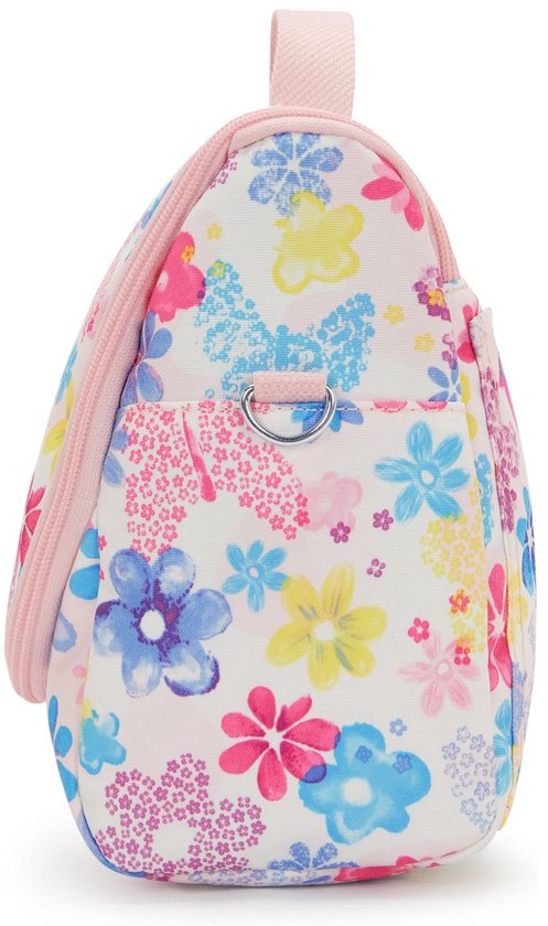 Witte Kipling schoudertas met een vrolijke bloemenprint in blauw, roze, geel en paars. Met een roze rits en hengsel.