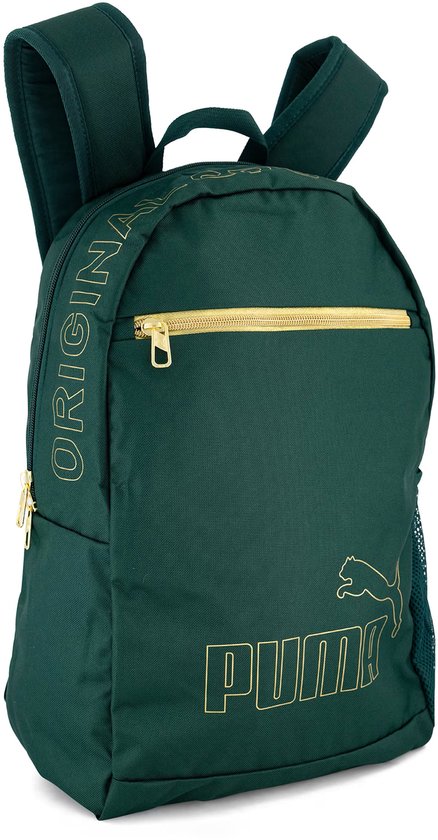 Donkergroene rugzak met gouden PUMA-logo, de tekst "ORIGINAL" en een mesh zijvak.