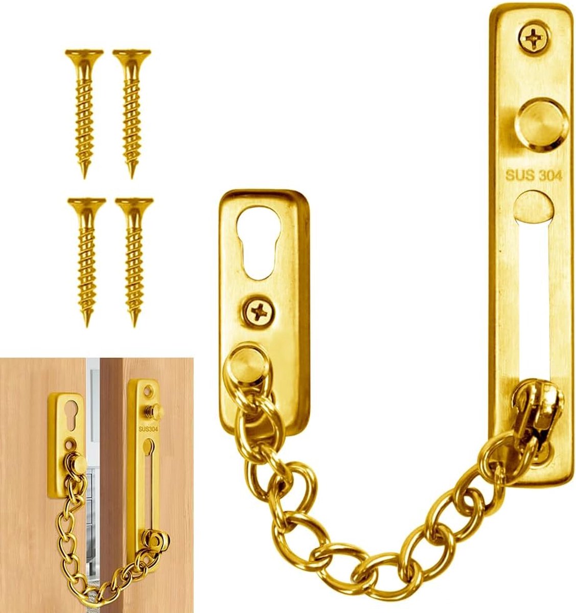 SnelShoppen - Deurketting, Beveiligingsslot, Deurslot, Veiligheidsketting, Inbraakbescherming, Hoogwaardige Roestvrijstalen Deurslot, Elegant Goud, Ge