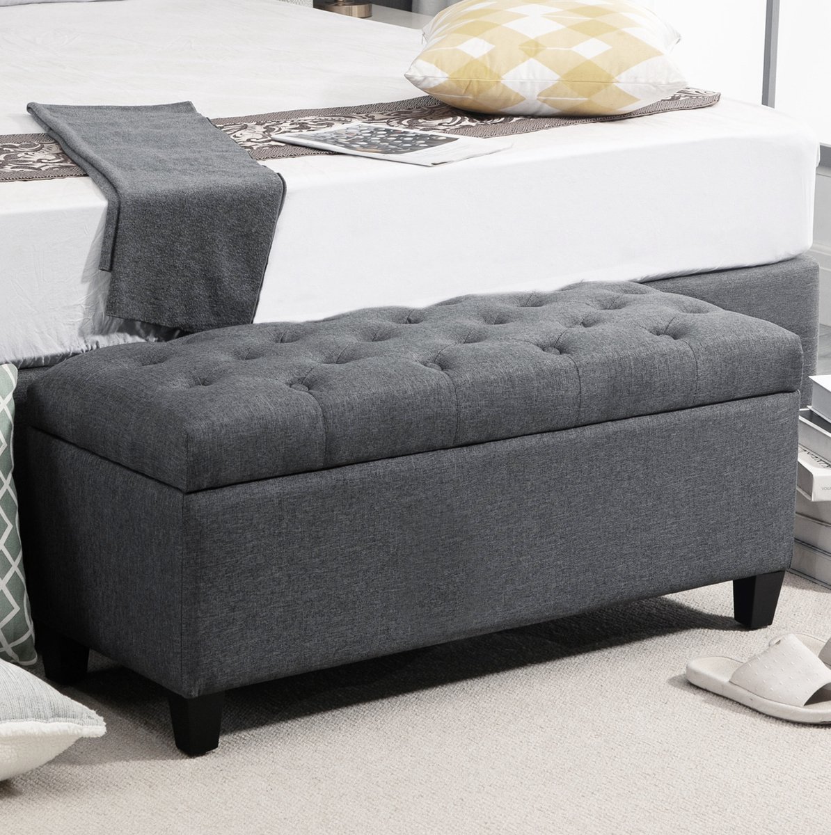 COVREO Zitbank 100x40x44 cm donkergrijs, polyester met opbergruimte