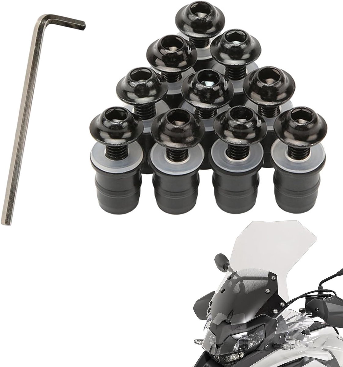 SnelShoppen - Windscherm Bevestigingsset M5 x 16mm, Universele Motorfiets Schroeven, 10 Stuks Zwart, Aluminium en Rubber, Motoraccessoires voor Windsc