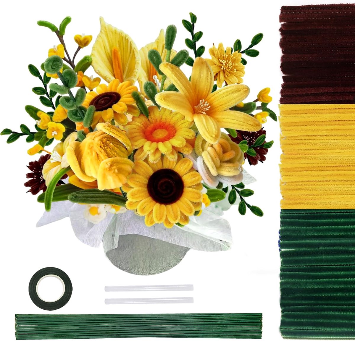 SnelShoppen - 200pcs Bloem Boeket Pijpenrassers Set in 3 Kleuren - Zonnebloem Pipe Cleaner voor Creatieve Projecten - Chenille Draad en Bloem Band voo