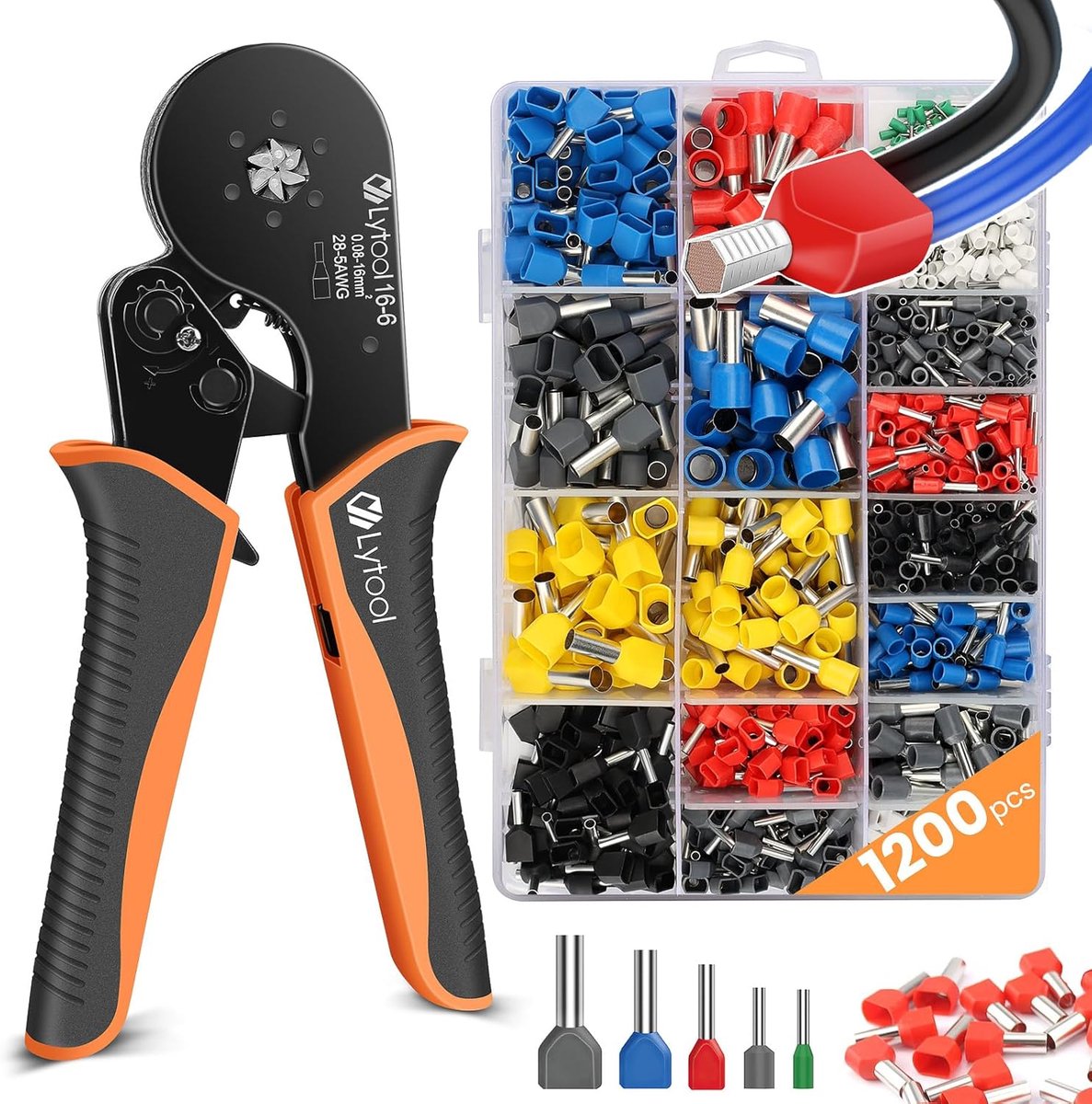 SnelShoppen - Crimp Tang 0.08-16mm² met 1200 Stuks Ferrules Set, Zelfinstellende Krimptang, Kabelschoen Set, Professionele Gereedschap voor Elektricit