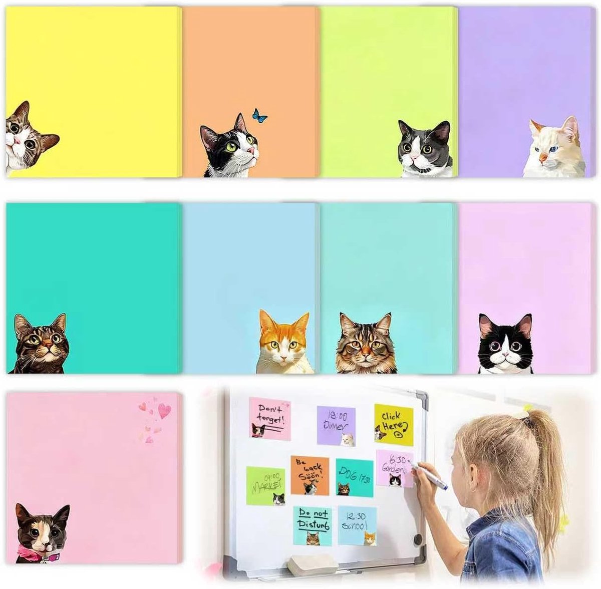 450 vellen zelfklevende notities met kleine katten, Kawaii blokken, sticky notes, kleurrijke dieren, schattige notitieblokken, super zelfklevend, voor het markeren van pagina's, kantoor