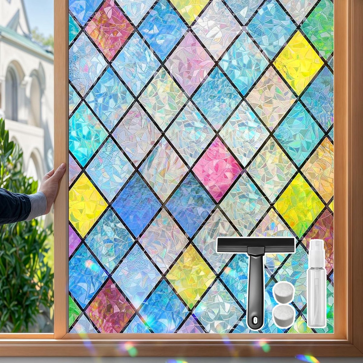 privacy-folie voor glazen ramen, diamantpatroon, regenboog