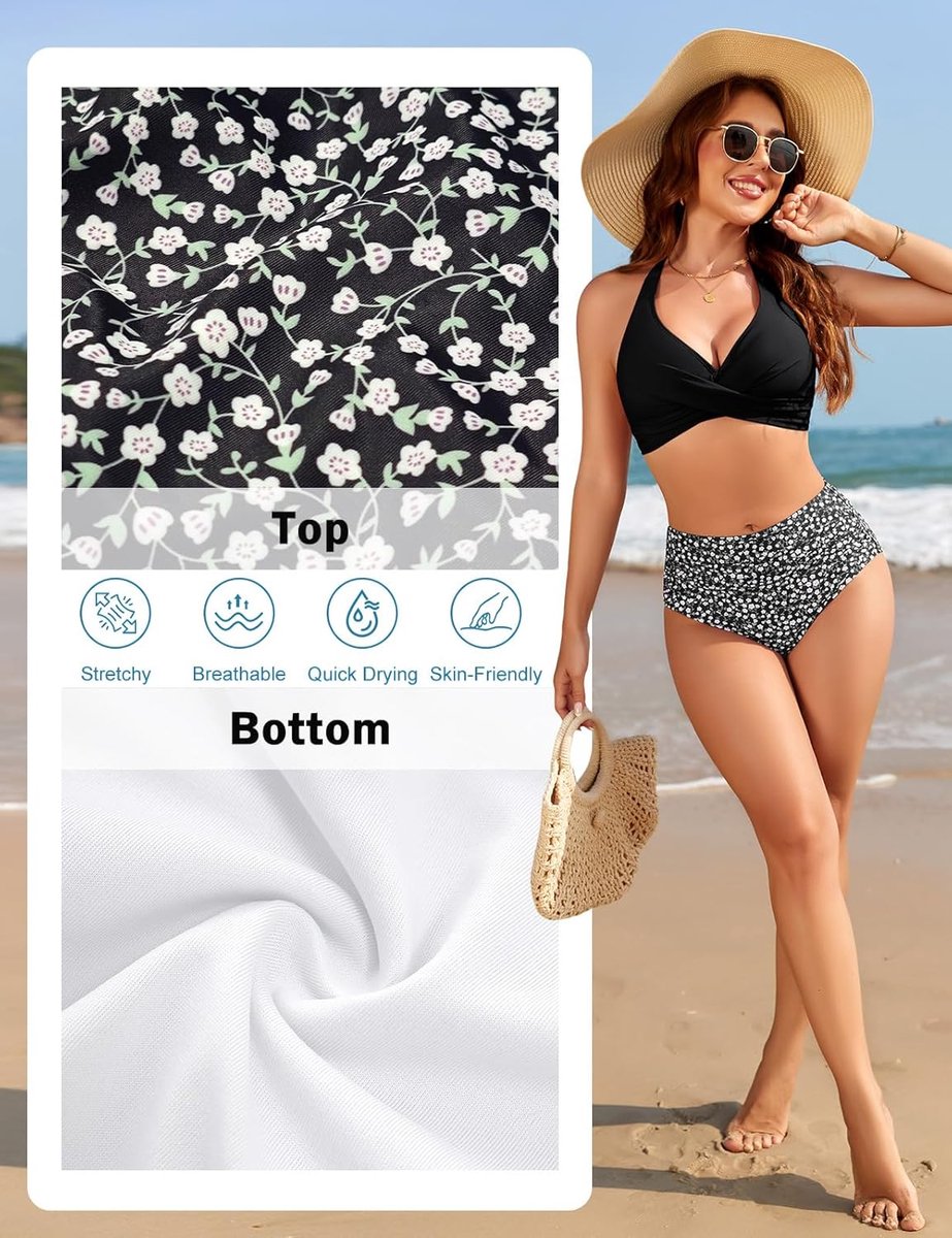 Bikini voor dames, hoge taille, badpak, 2-delig, plooien