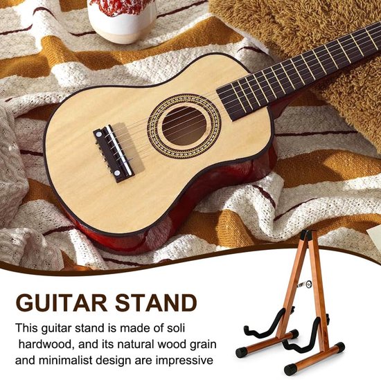 Gitaarstandaard van echt hout, akoestische gitaren, elektrische gitaren, bas, cello, banjo, mandoline, ukelele - ideaal voor muzikanten, studio en thuis (donkere houtnerf) — afbeelding 2