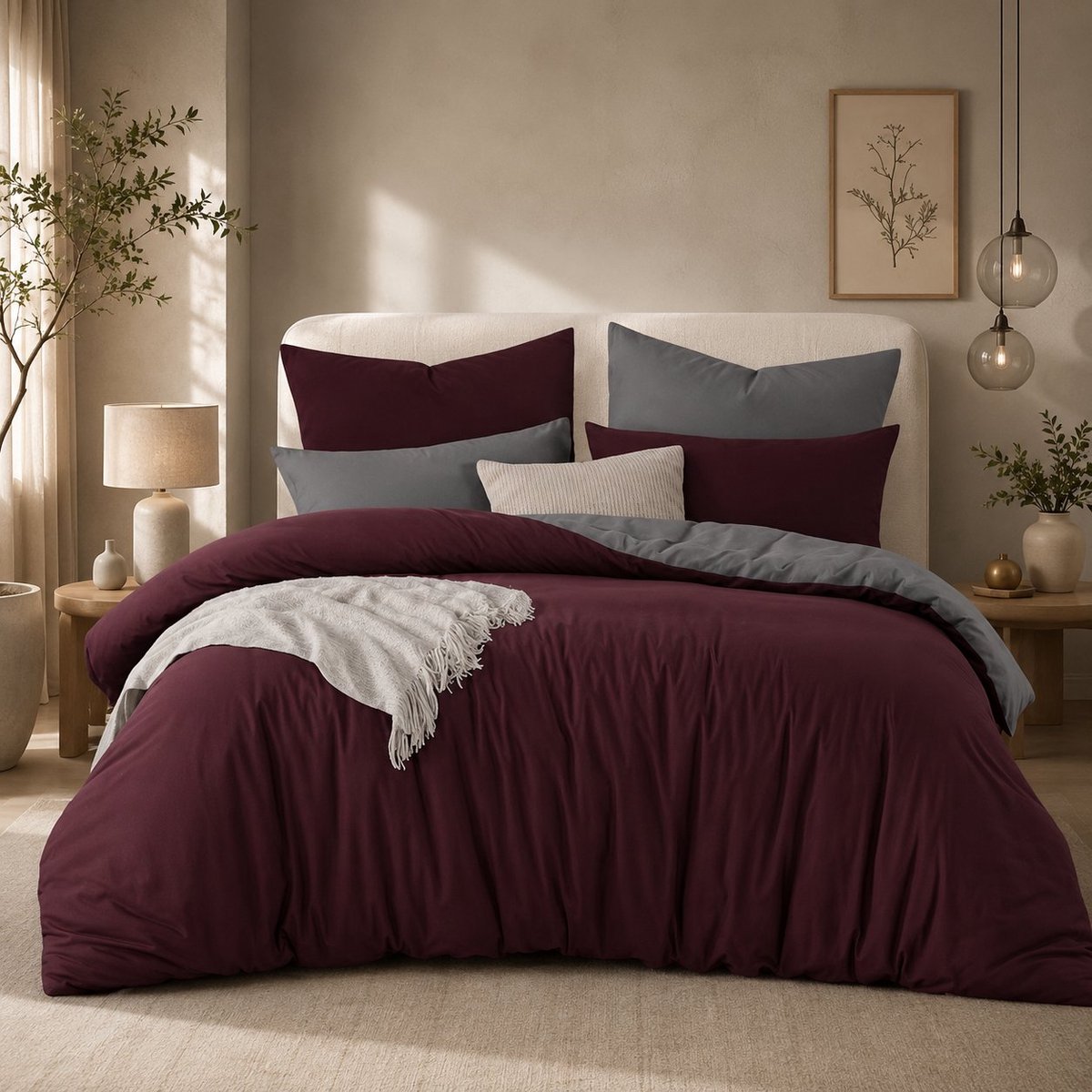 Dekbedovertrek set 3-delig 220x240 cm - rood/lichtgrijs - microvezel - dubbelzijdig - ritssluiting - Nazik Living