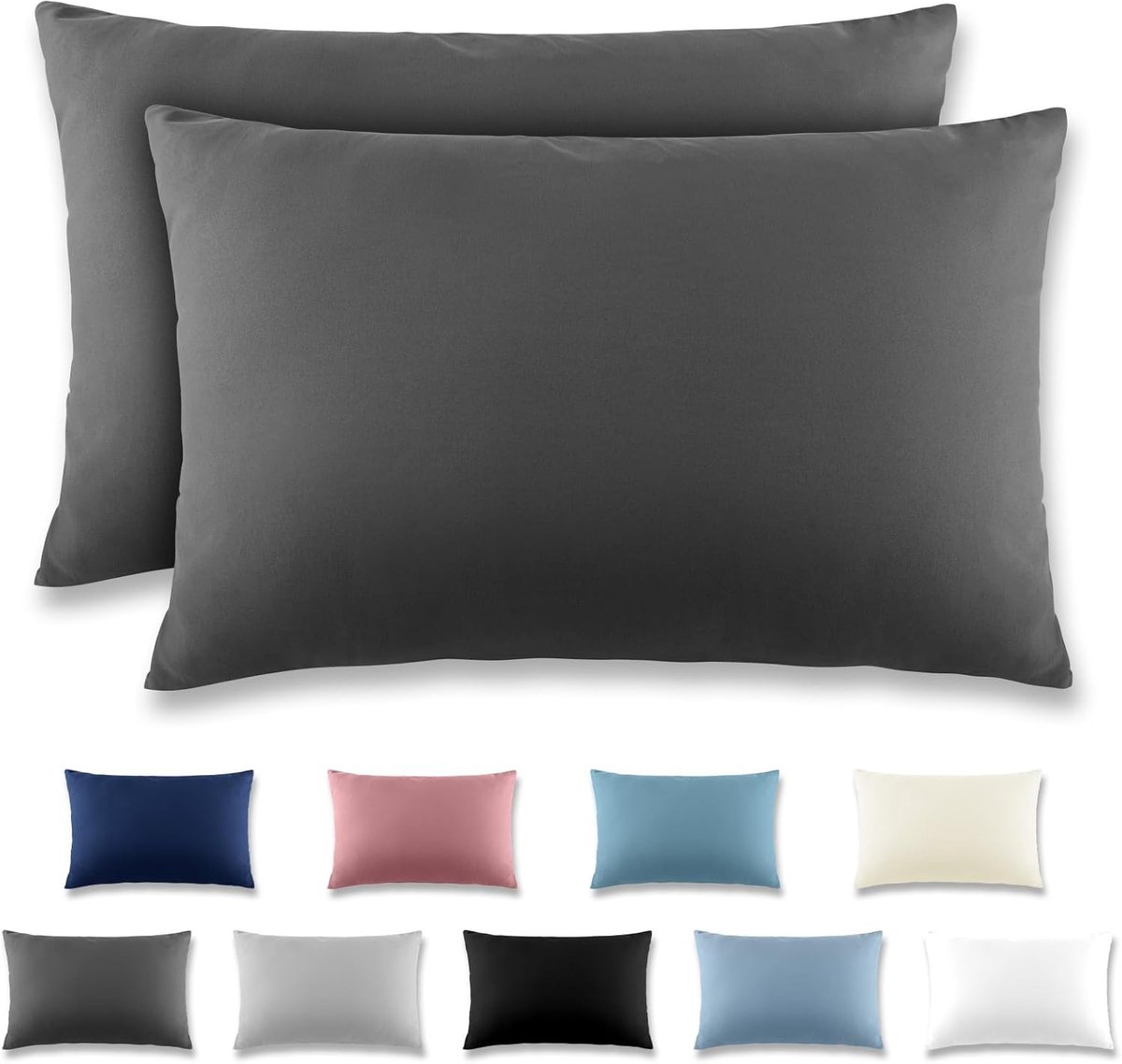 Kussenhoezen, 50 x 70 cm, set van 2, met ritssluiting, kussenhoes van geborsteld microvezel, voor kussen, wasbaar tot 40 °C, antraciet