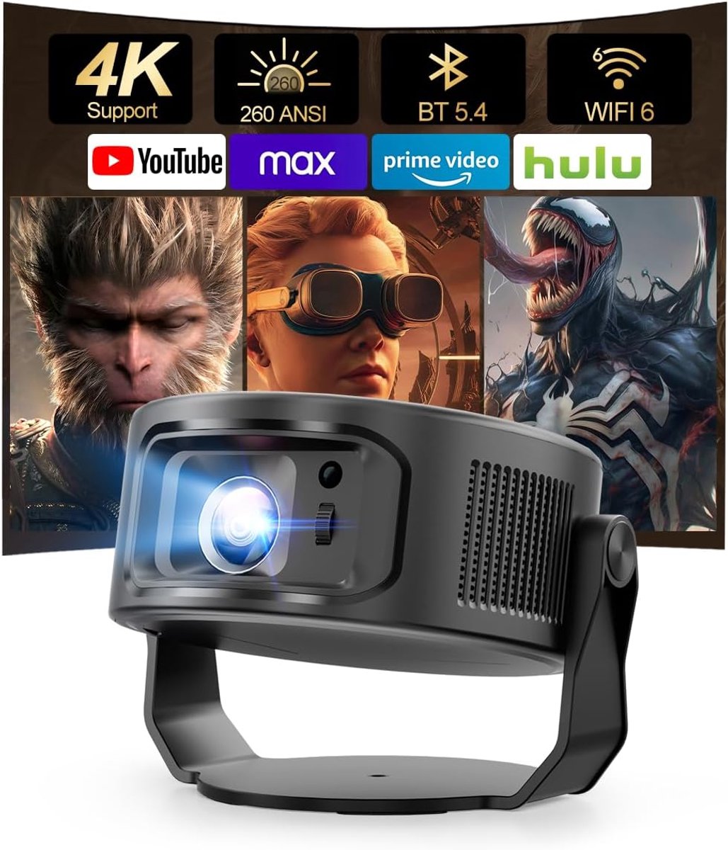 Mini-beamer 4K, 360° + 35° opvouwbare split projector, 260 ANSI wifi 6 en Bluetooth 5.4, automatische trapeziumcorrectie en handmatige focus voor thuisbioscoop