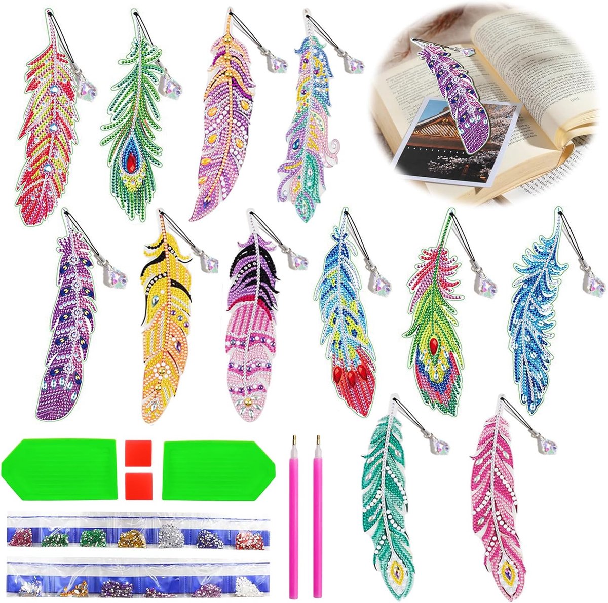 Boekenlegger set 12 stuks - 5D DIY diamond painting - met veren - leuk voor lezen - ShopVlot