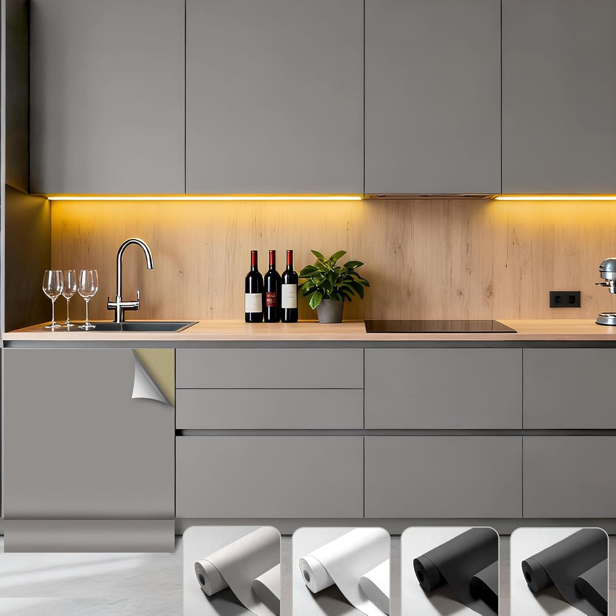 meubel, lichtgrijs, mat behang, 40 x 550 cm, zelfklevende folie, mat, keukenfolie, kastfolie, waterdichte plakfolie, keuken, pvc, decoratiefolie voor kasten, vensterbank
