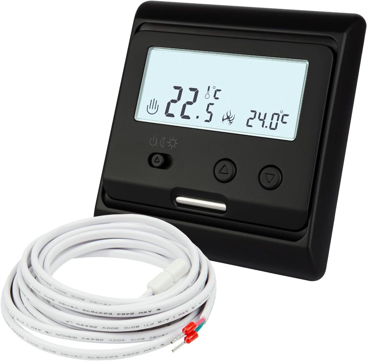 SnelShoppen - Thermostaat 12 V AC/DC opbouw, zwart, binnen- en buitensensor, ideaal voor elektrische vloerverwarming in caravan/camper