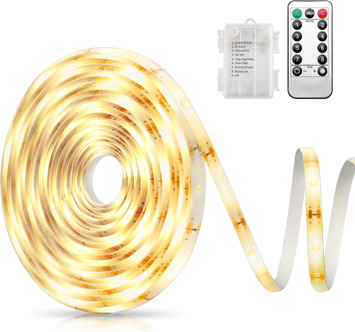 150 LED Strip Light, 5M Snijdbare LED Strip Verlichting, Batterij Strip Verlichting met Afstandstimer, Zelfklevend, Dimbaar, 8 Modi, Waterdichte lichtband, 5 m lang Slaapkamer, Computer, Decor