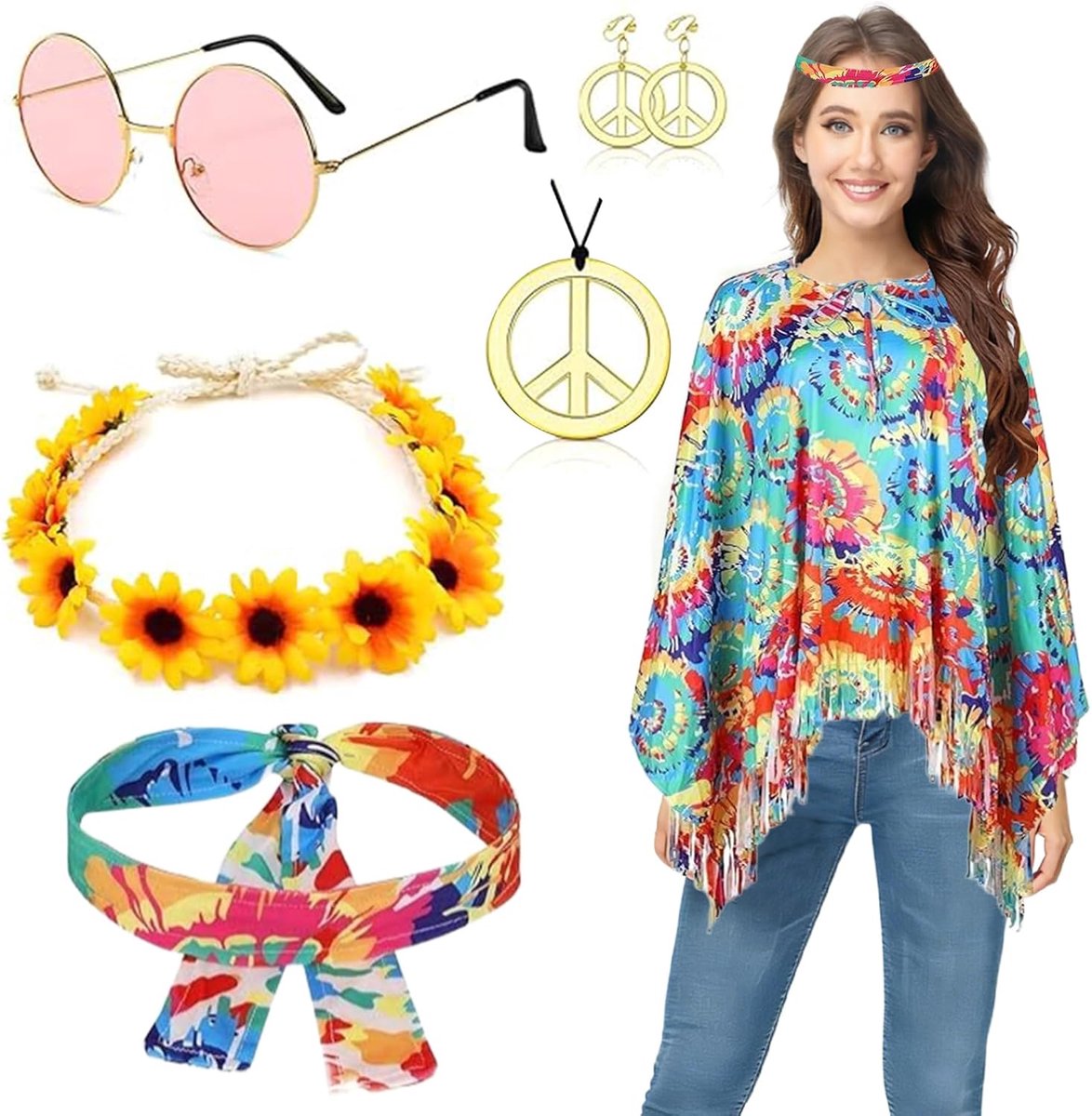 Hippiekostuum voor dames, met poncho en accessoires, jaren '60 en 70 hippiekleding, carnavalskostuum, disco-outfit, hippie-accessoires, carnavalskostuums voor carnaval, party, cosplay
