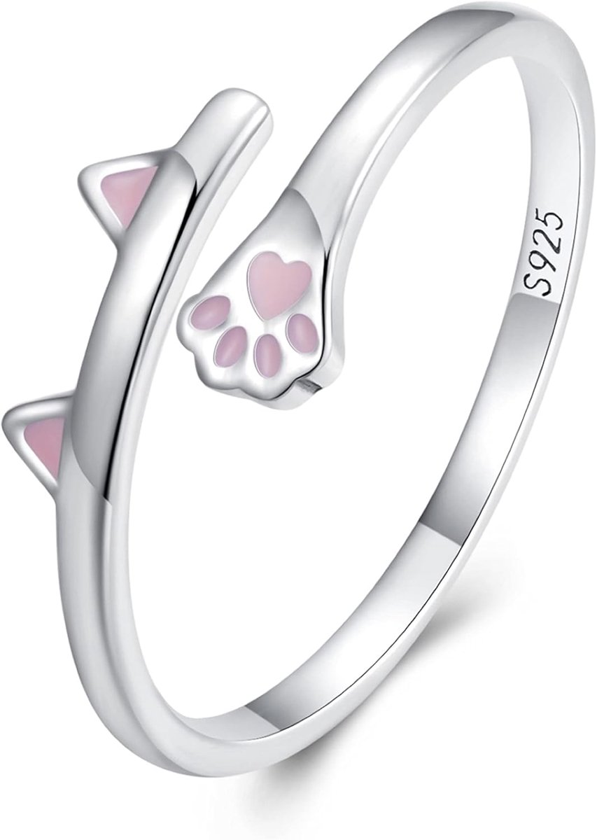 Katten Poot Afdruk Ring voor Vrouwen, 925 Sterling Zilver Kat Motief Animal Ring Roze Sieraden Geschenk voor Verjaardag, Valentijnsdag