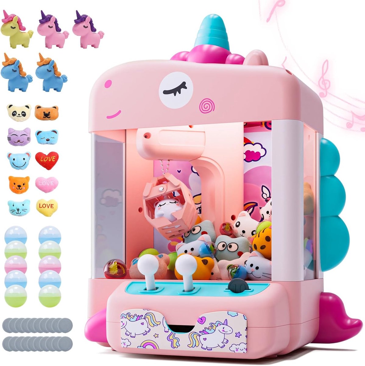 Eenhoorns klauwmachine, mini-automaat met licht en muziek, instelbaar geluid, snoep en elektronische prijzendispenser, inclusief 45 speelgoed, snoep en verjaardagscadeau voor kinderen en