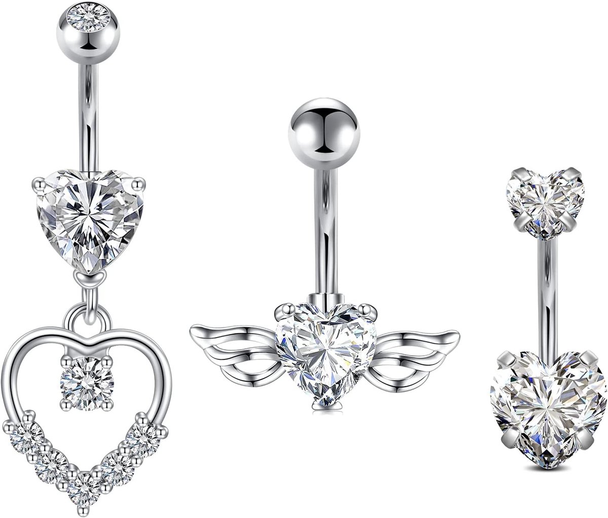 14G navelstaafjes, 10 mm roestvrij staal, navelstaafjes, klassieke ronde en hartvormige zirkonia-navelpiercing, sieraden, hypoallergene navelpiercing sieraden voor vrouwen