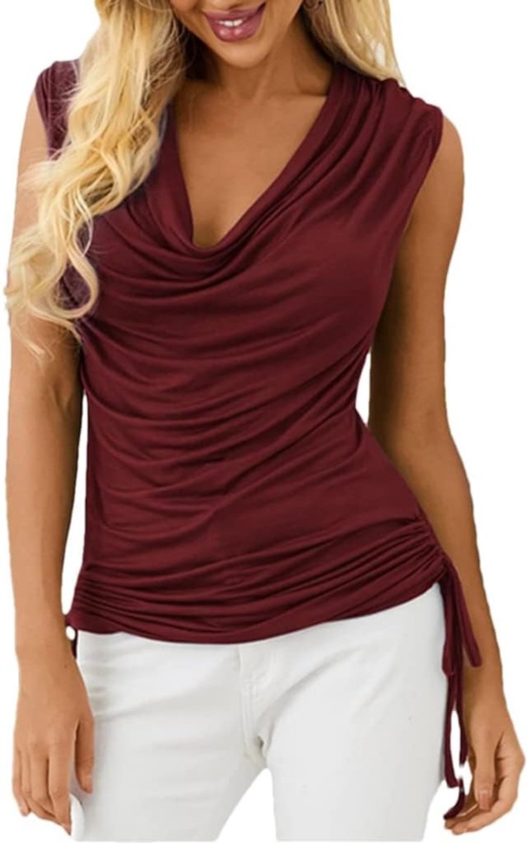 Bela Dames Tank Top Diepe V-hals Tops Waterval Mouwloos T-shirts Zomer Vouwen Top met Trekkoord