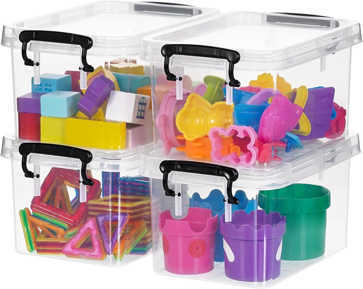 Set van 4 opbergdozen met deksel, klein, stapelbaar, transparante handgreep, clips, kleine onderdelen, elastisch, robuuste plastic dozen voor knutselspullen, 26 x 16 x 12 cm