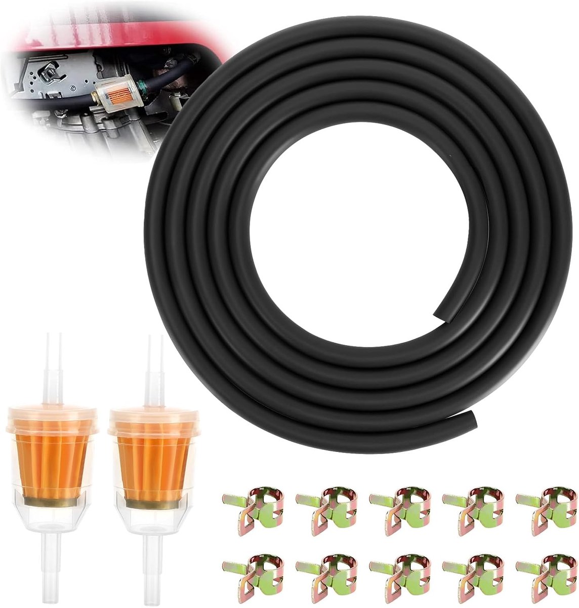 Leidingenset Ø 4 mm met 2 brandstoffilters en 10 brandstofslangklemmen, brandstofslang/olieslang voor auto's, motoren en scooters. | Brandstofslang met 2 benzinefilters en 10 slangklemmen voor motorfietsen, tractoren, vrachtwagens