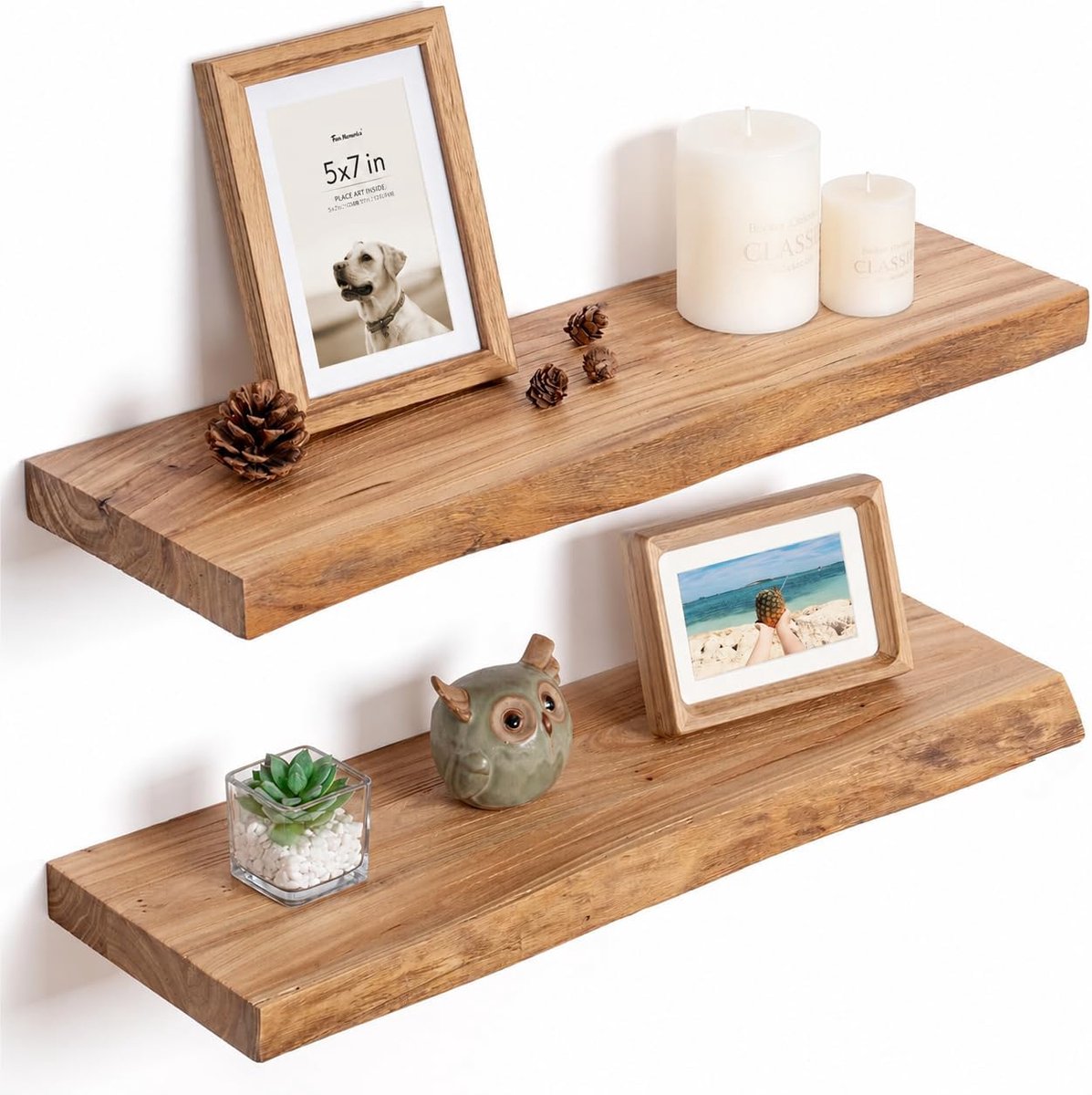 Memories Live Edge iepenhouten drijvende planken - 61 cm wandgemonteerde displayplanken met verborgen beugels, set van 2 (natuurlijk)