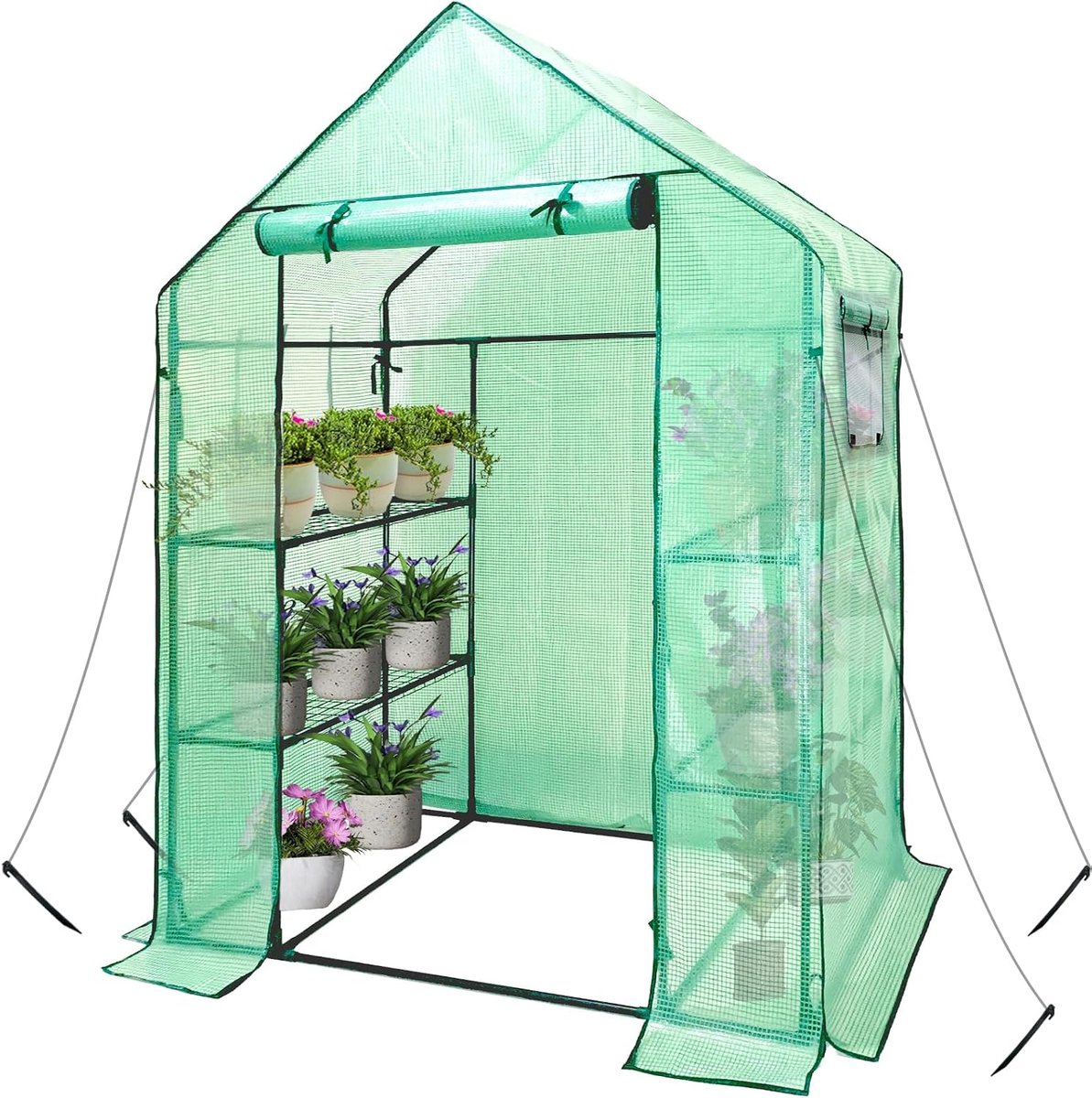 Walk In Kas Met Planken, Walk-In Plant Plastic Groen Huis Met Duurzame Groene PE Cover, 3 Niveaus 6 Planken Kas Frame Stands Met Grond Haringen & Touwen voor Stabiliteit, 143x73x195cm