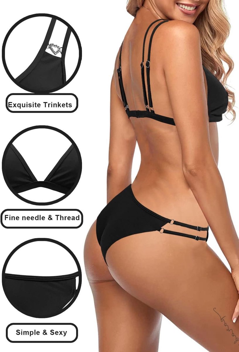Badpak voor dames, tweedelig, Braziliaans, zwemkleding, sexy, driehoektop, strandtop, lage taille, string, bikini, verstelbare hoofdband, bikini