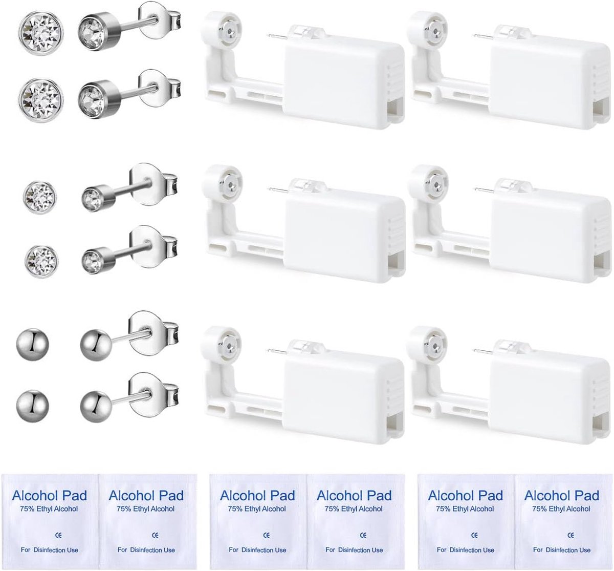 Schietpistolen voor gaatjes in de oren, 6 stuks, wegwerppistolen voor piercing, veilig, steriel, voor oren en neus, pijnloos, aseptisch, met oorstekers