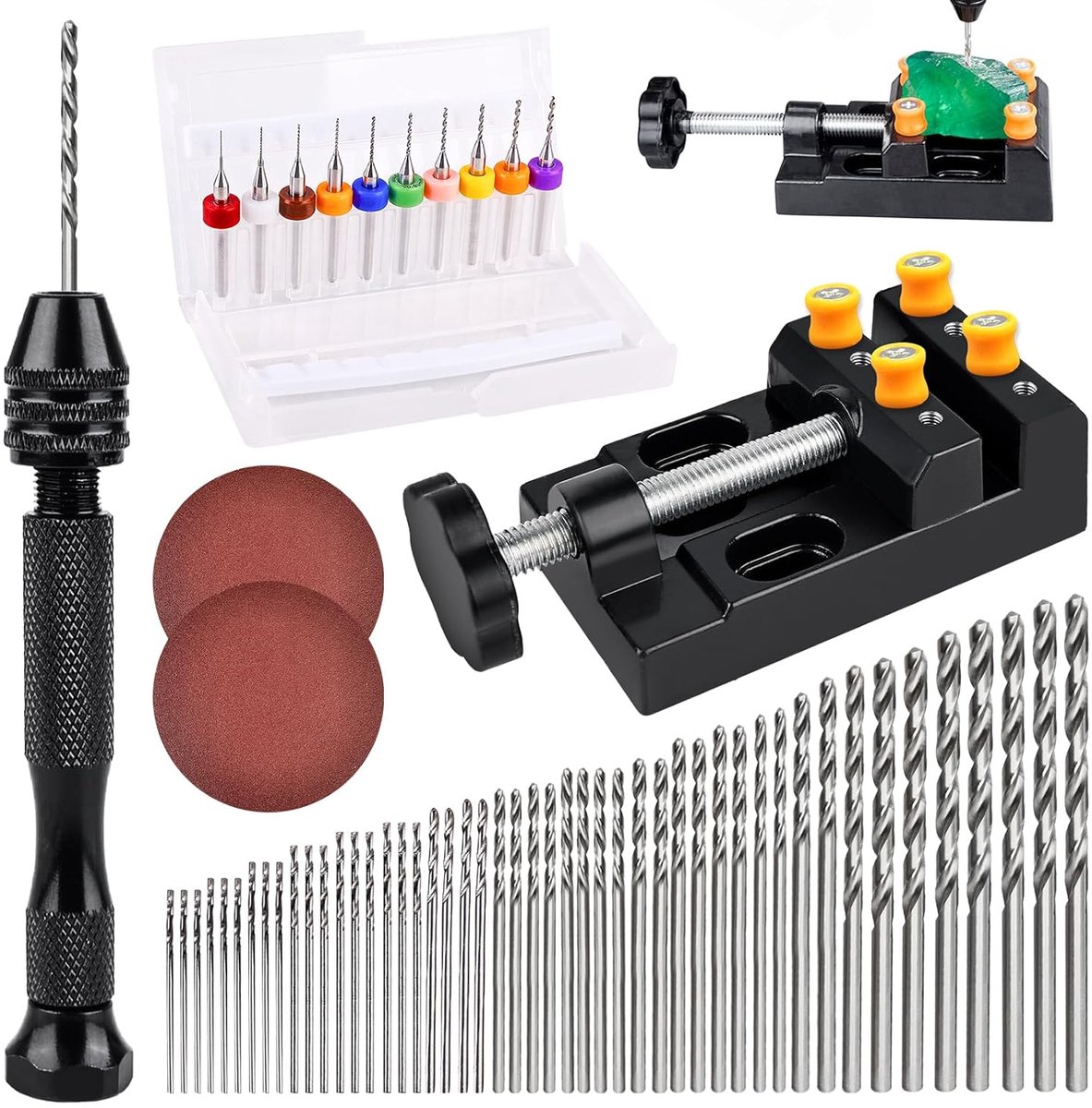 Handboorset 62 stuks, 48 mini-boren 0,5 - 3,0 mm, 10 PCB boorbitset 0,3 - 1,2 mm, handboor met schroefstok, voor doe-het-zelf boren, hout, sieraden, kunststof