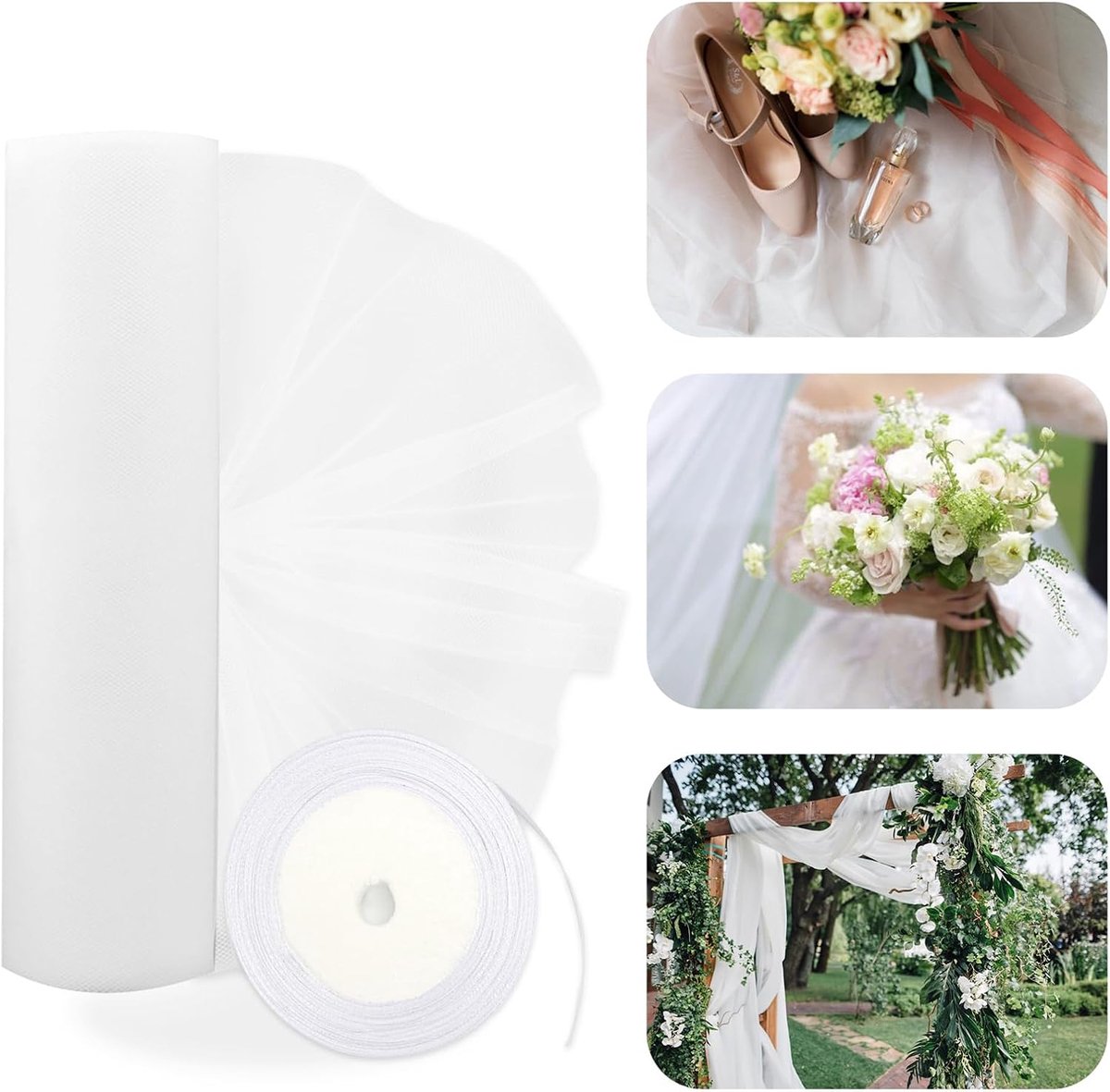 48 cm x 10 m tule rol, organza, als decoratiestof met witte band, tafelloper voor bruiloft, tutu, rok, decoratie, naaien, geschenken, verpakking, knutselen
