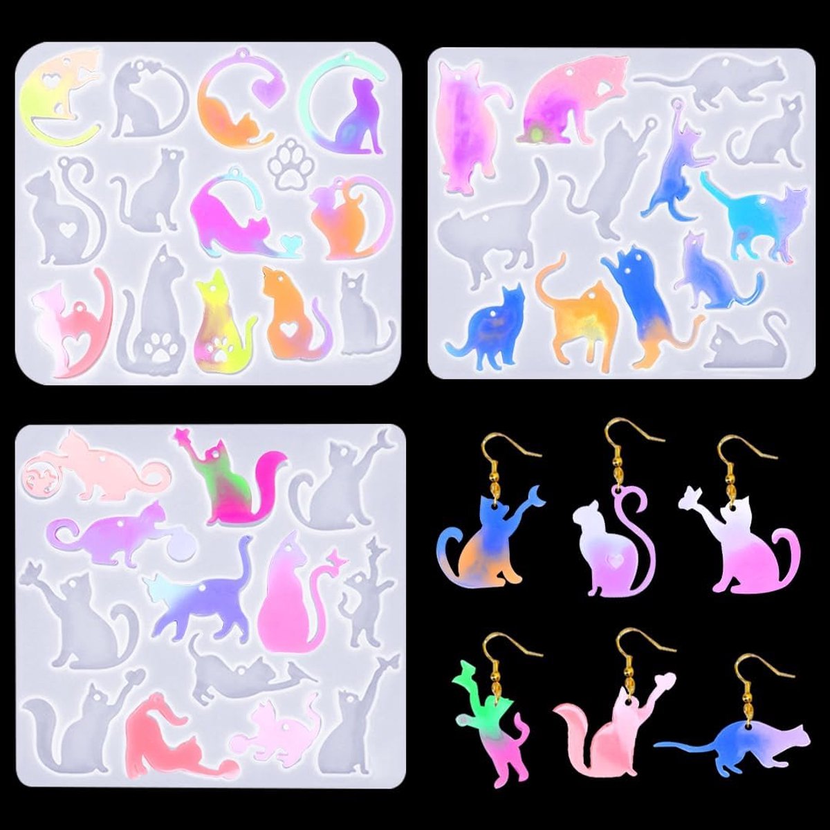3 stuks siliconen vormen voor sieraden, epoxyharsvorm, kattenoorbellen, oorringen, harsvormen, vormen voor hangers, halskettingen, doe-het-zelf